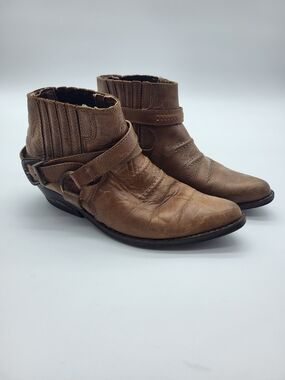 Alamo Women’s Brown Leather Ankle Western Boots with Buckle Strap